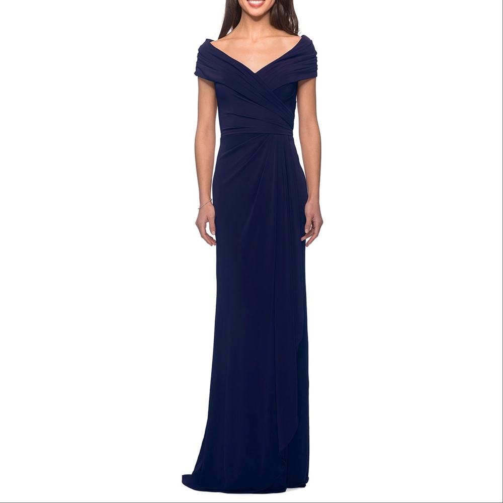 NEW La Femme 26519 Small Cap Sleeve Ruched Jeysey Gown Navy Size 12